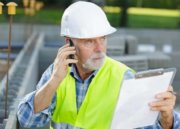 Spray foam insulation estimator with hard hat and clip board talking on a mobile phone.